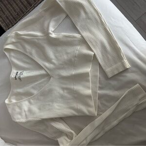 Cream Ribbed Long Sleeve Top